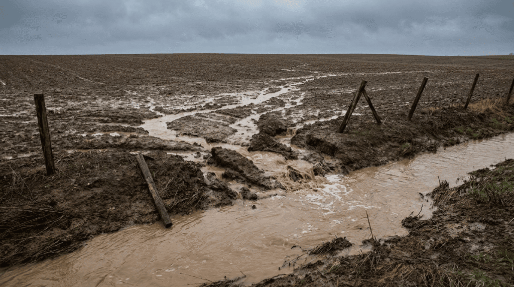 Agricultural field runoff flowing toward a stream showing nonpoint source water contamination