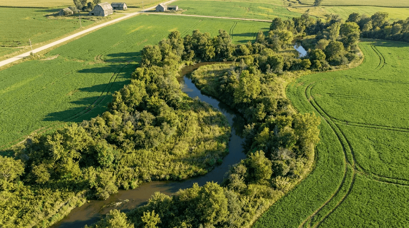 Aerial view of farmland with cover crops and riparian buffer strip protecting a stream from agricultural runoff