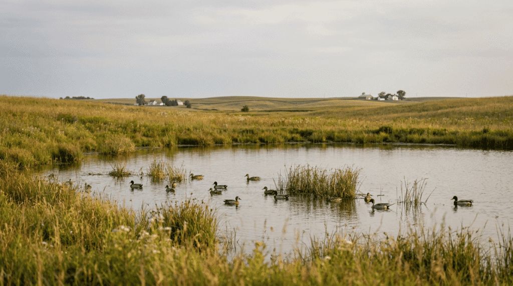 Prairie pothole wetland with waterfowl showing critical migratory bird habitat in upper midwest