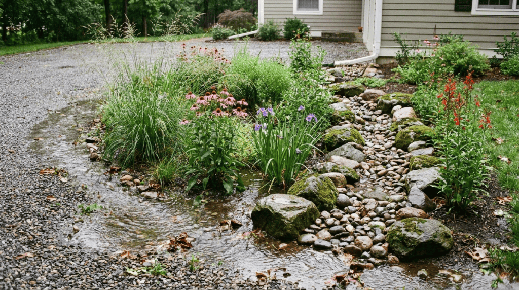 Residential rain garden capturing stormwater runoff demonstrating green infrastructure for water quality protection