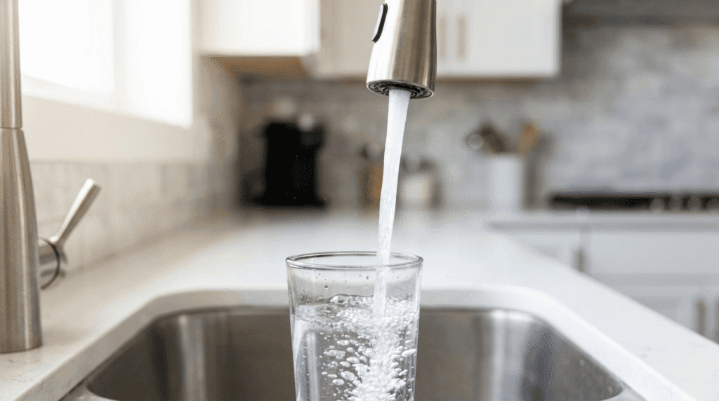Kitchen tap water filling a glass representing the final stage of the watershed to tap journey