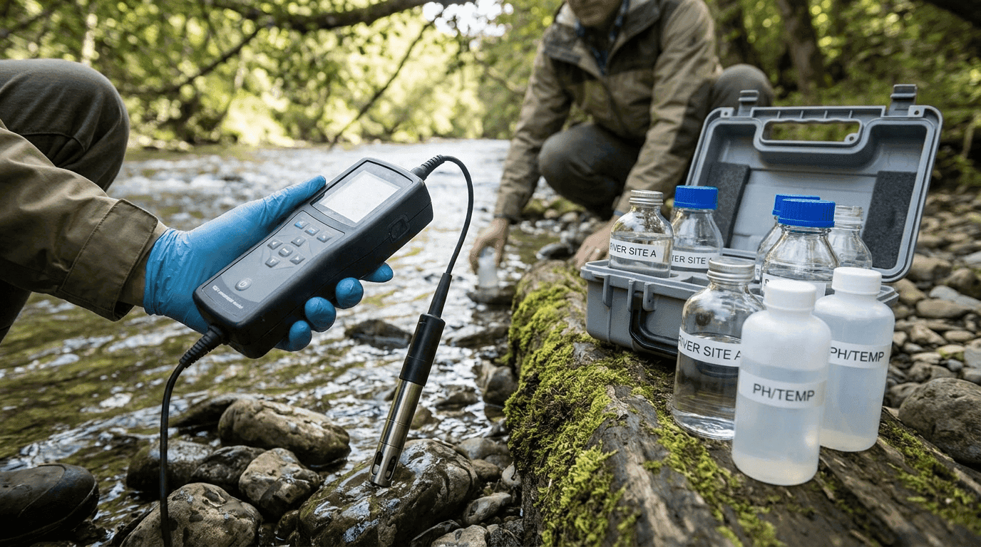 Water quality testing being conducted at a riverbank to monitor contamination levels