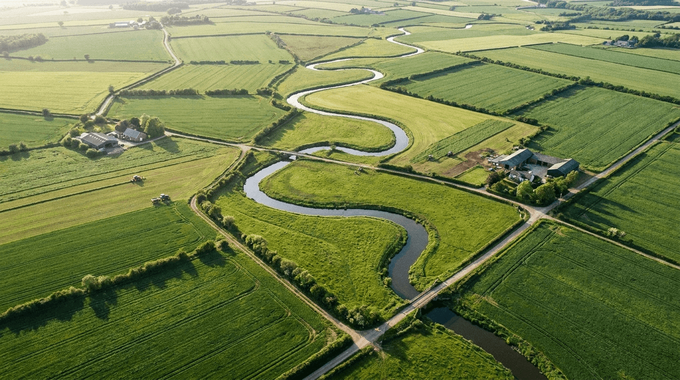 Aerial view of a river flowing through agricultural watershed showing connection between land use and water quality