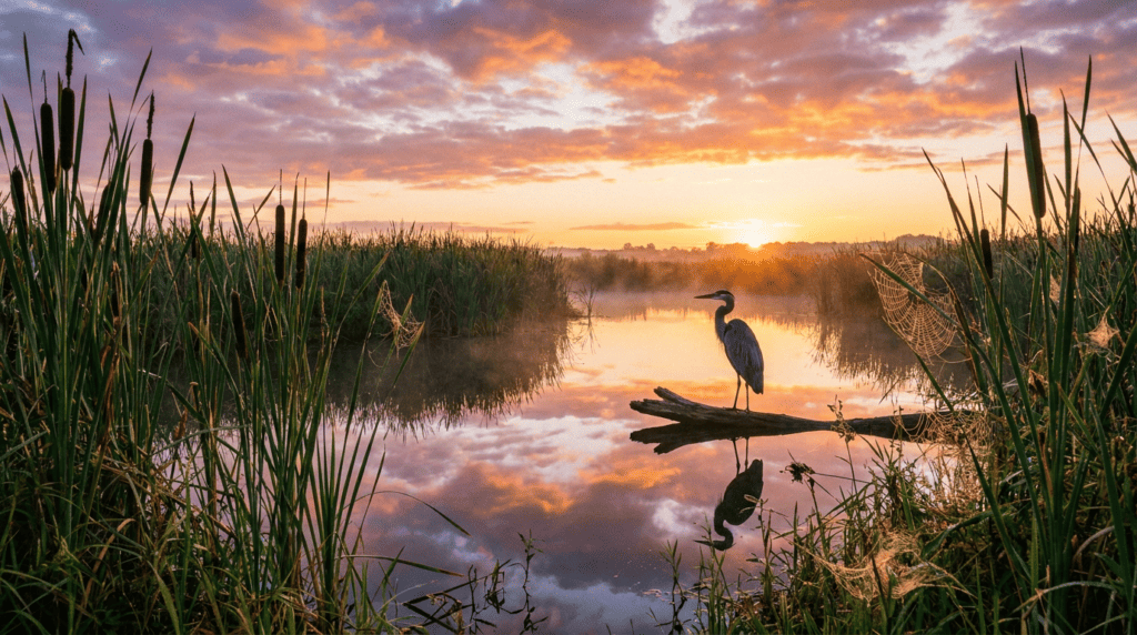 Wetland area within a watershed absorbing surface runoff and filtering water naturally