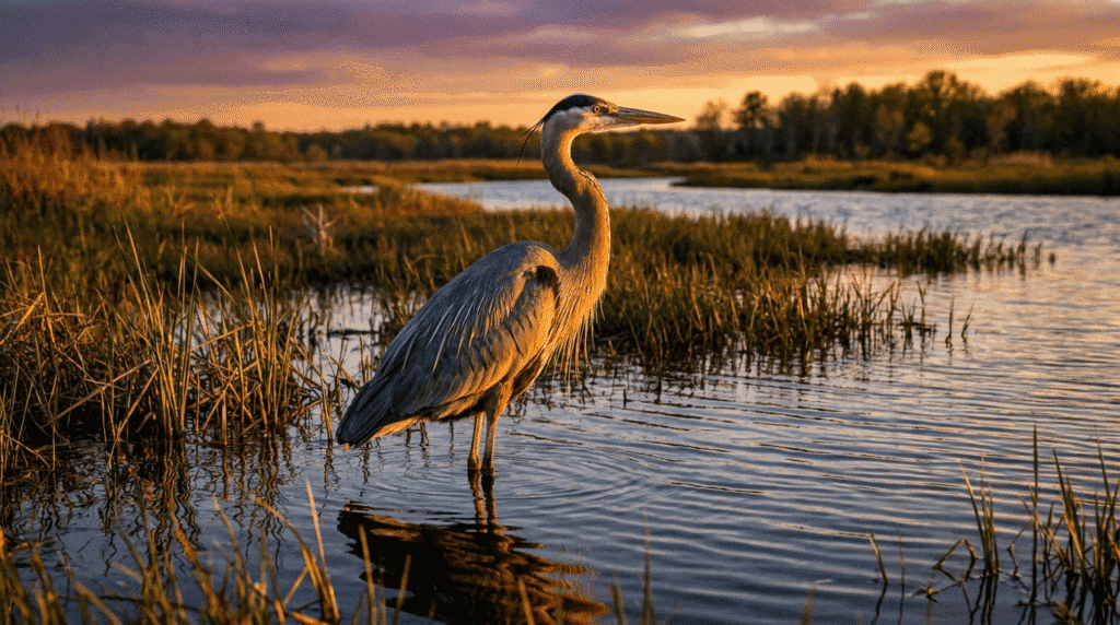Great blue heron foraging in wetland habitat demonstrating wildlife value of wetlands