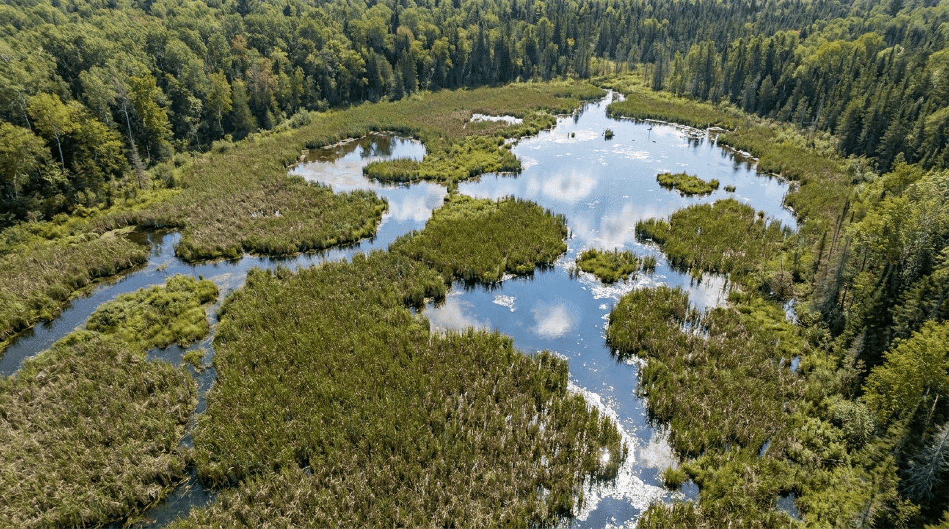 Aerial view of a wetland marsh showing cattails open water and surrounding forest habitat